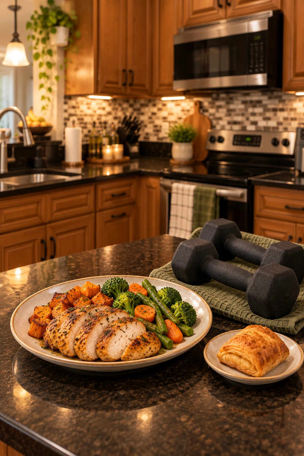 Roasted chicken, sweet potato, vegetables and a pastry beside dumbbells, in an illustration inspired by Asia’s kitchen